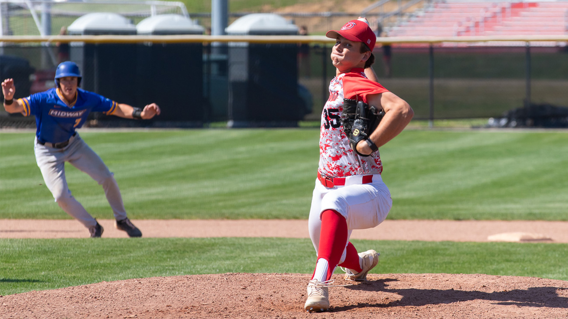 Rio Grande's Connor Gullett throws a pitch during the sixth inning of Friday's 10-5 loss to Midway University at Bob Evans Field.
