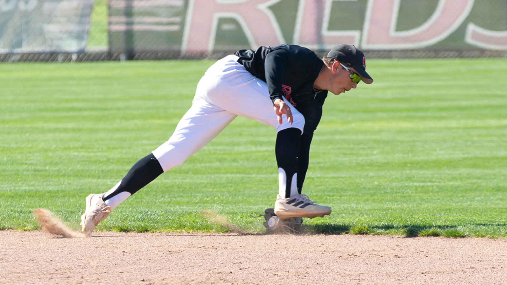 Rio Grande shortstop Gehrig Cordial knocks down a groundball during Tuesday's 7-4 win over Bluefield (Va.) University at Bob Evans Field. Cordial hit a two-run home run in the victory.