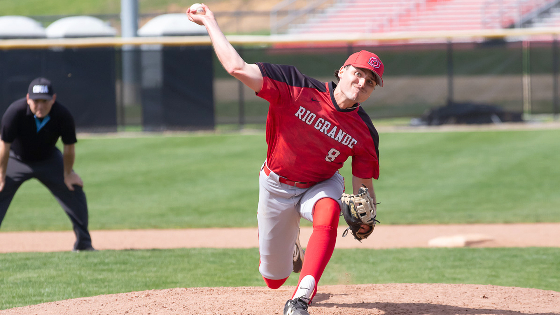 Rio Grande's Dalton Vance delivers a pitch to the plate during the first game of Tuesday's doubleheader against Cleary (Mich.) at Bob Evans Field.
