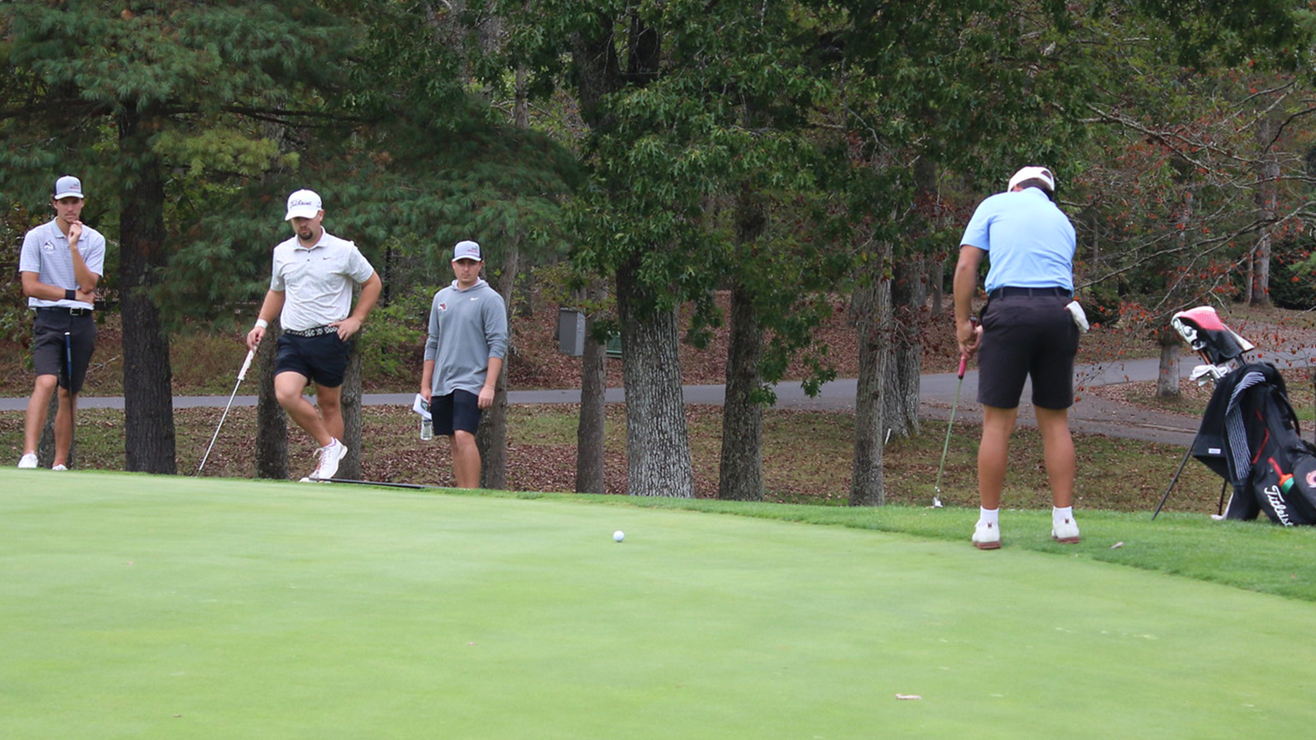 Rio Grande's Juan Carol Gil Perez drains a putt during Monday's opening round action in the River States Conference Men's Golf Fall Preview at Glade Springs Resort in Daniels, W.Va.