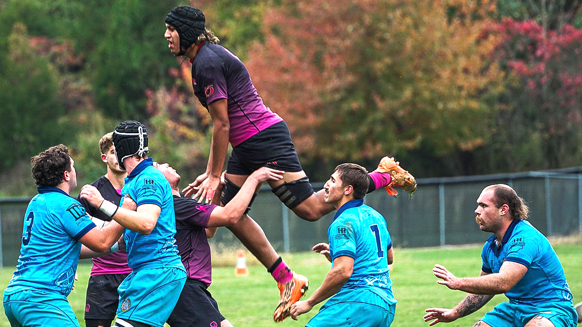 Rio Grande attempts to control a line-out play against eighth-ranked Marian University during Saturday's Big Rivers Rugby Conference matchup at Red Valley Pitch.