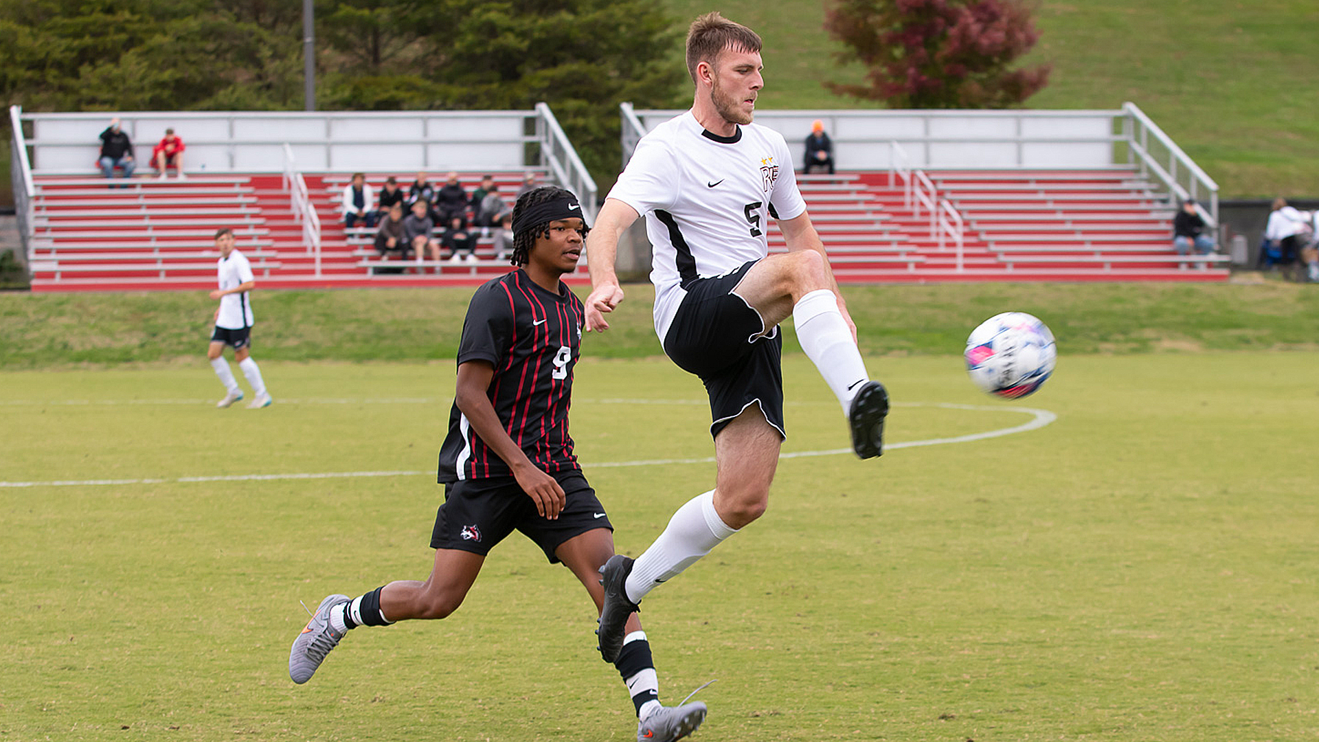 Rio Grande's Harry Walsh goes airborne in an attempt to kick the ball forward during Saturday's 10-0 win over Indiana University East at Evan E. Davis Field.