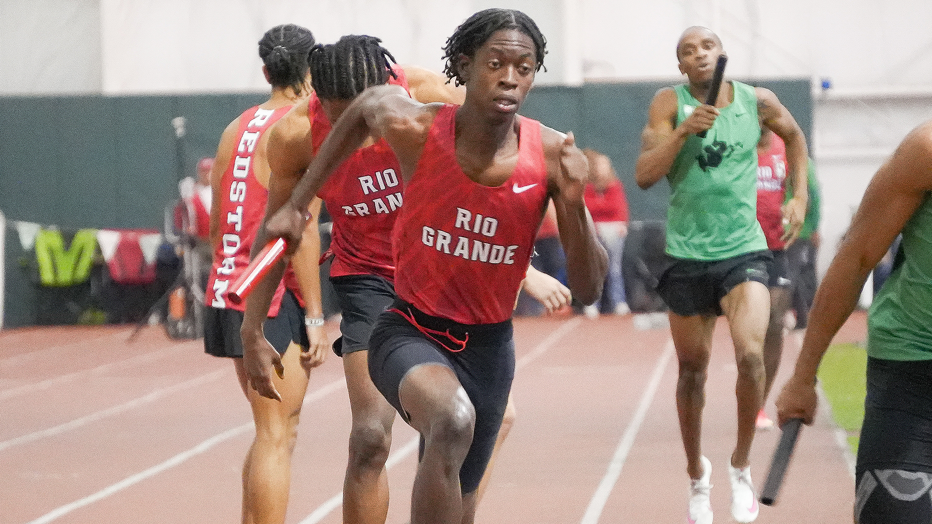 Rio Grande's Jahfa Woodley begins his leg of the 4x400 relay at Saturday's Marshall Alumni Invitational in Huntington, W.Va.