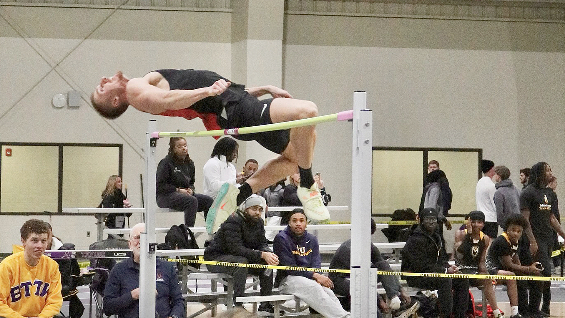 Rio Grande's Spencer Harris competes in the high jump at Saturday's George Glass Indoor Invitational hosted by Taylor University.