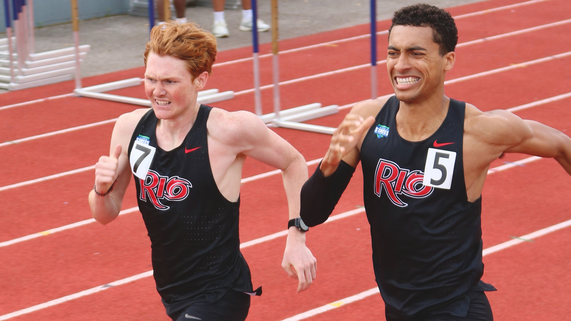 Rio Grande's Gage Renison (left) and Ashton Beverly (right) finished second and third, respectively, in Friday's 800-meter run at the Golden Eagle Invitational in Charleston, W.Va.