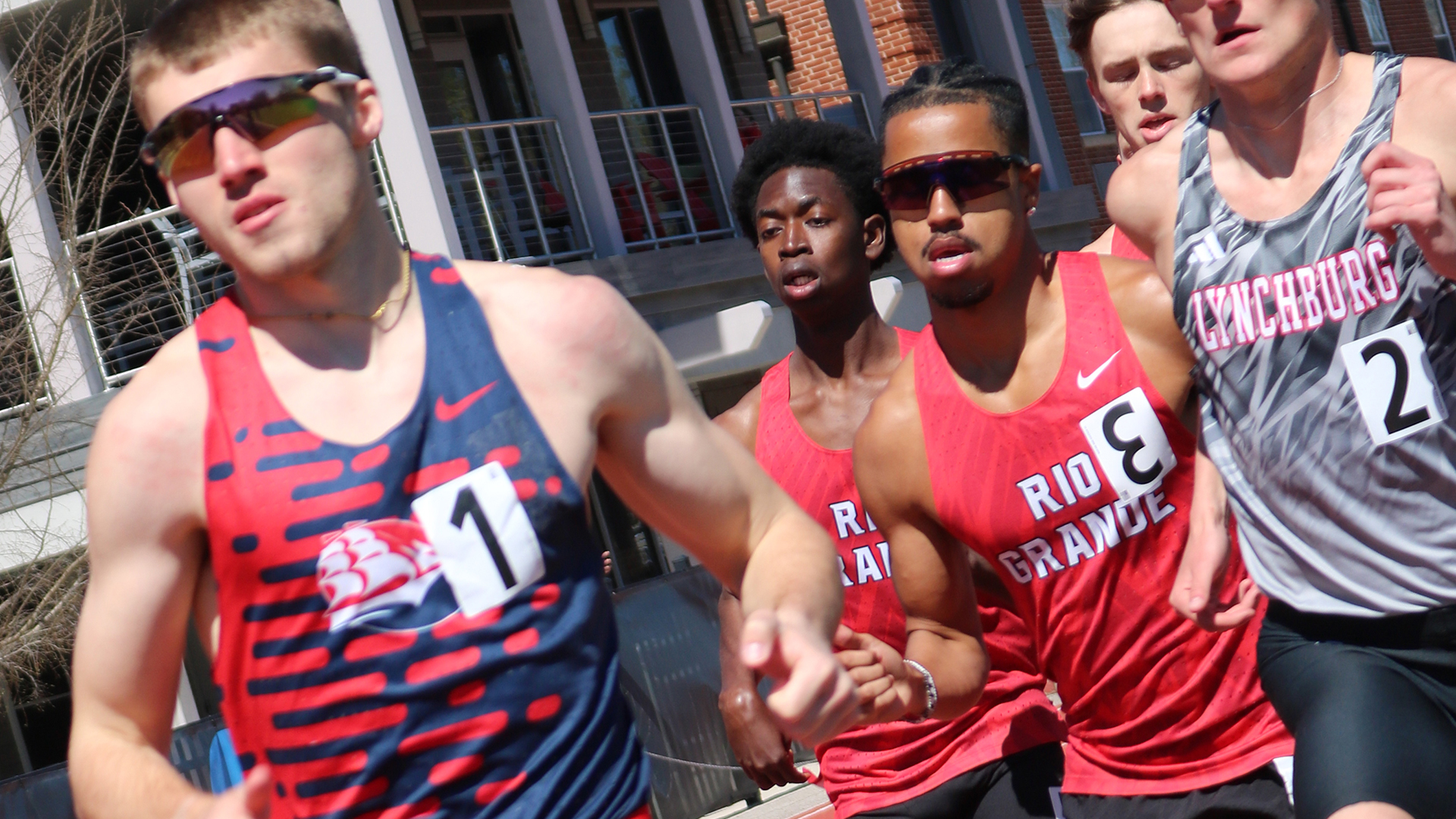 Rio Grande's Kasy Science (sunglasses) set a new school record with his win in the 800-meter run at the Dr. Jack Tomas Alumni Invite in Lynchburg, Va.