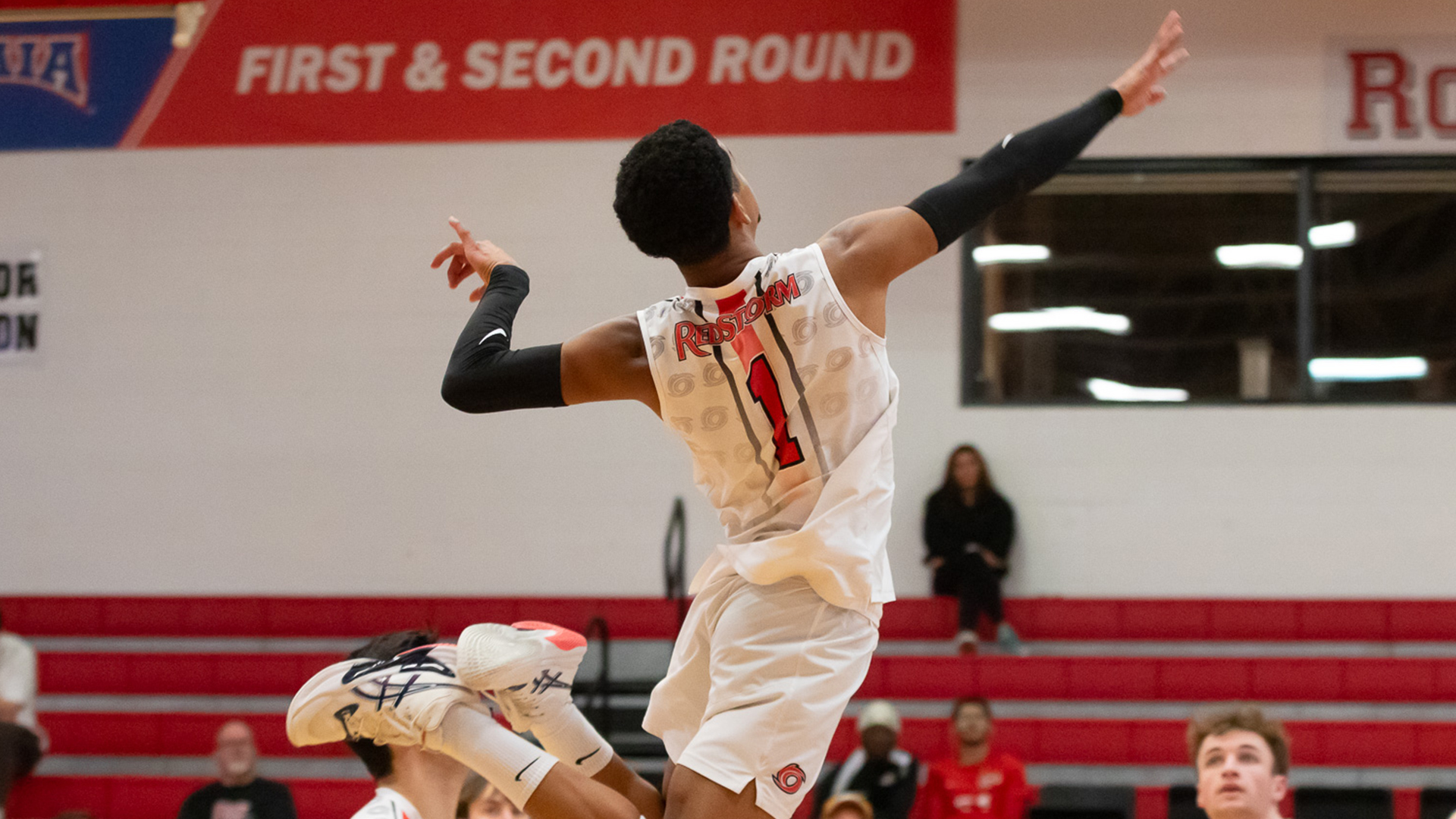 Rio Grande's Camilo Murillo goes skyward for one of his match-best 18 kills in Tuesday night's rout of Midway University at the Newt Oliver Arena.