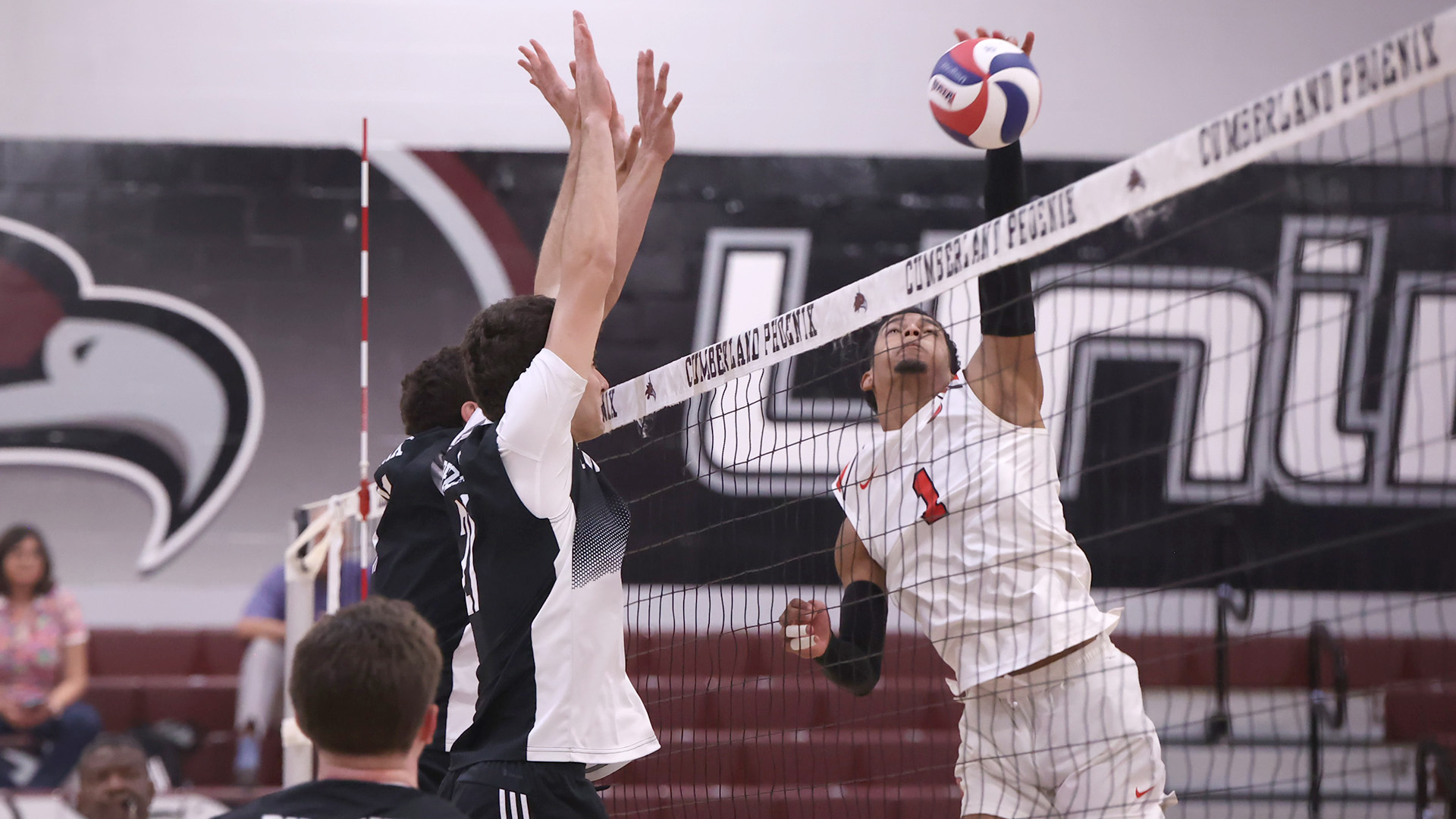 Rio Grande's Camilo Murillo attempts to send an attack back across the net during Friday night's 3-0 loss at Cumberland University.