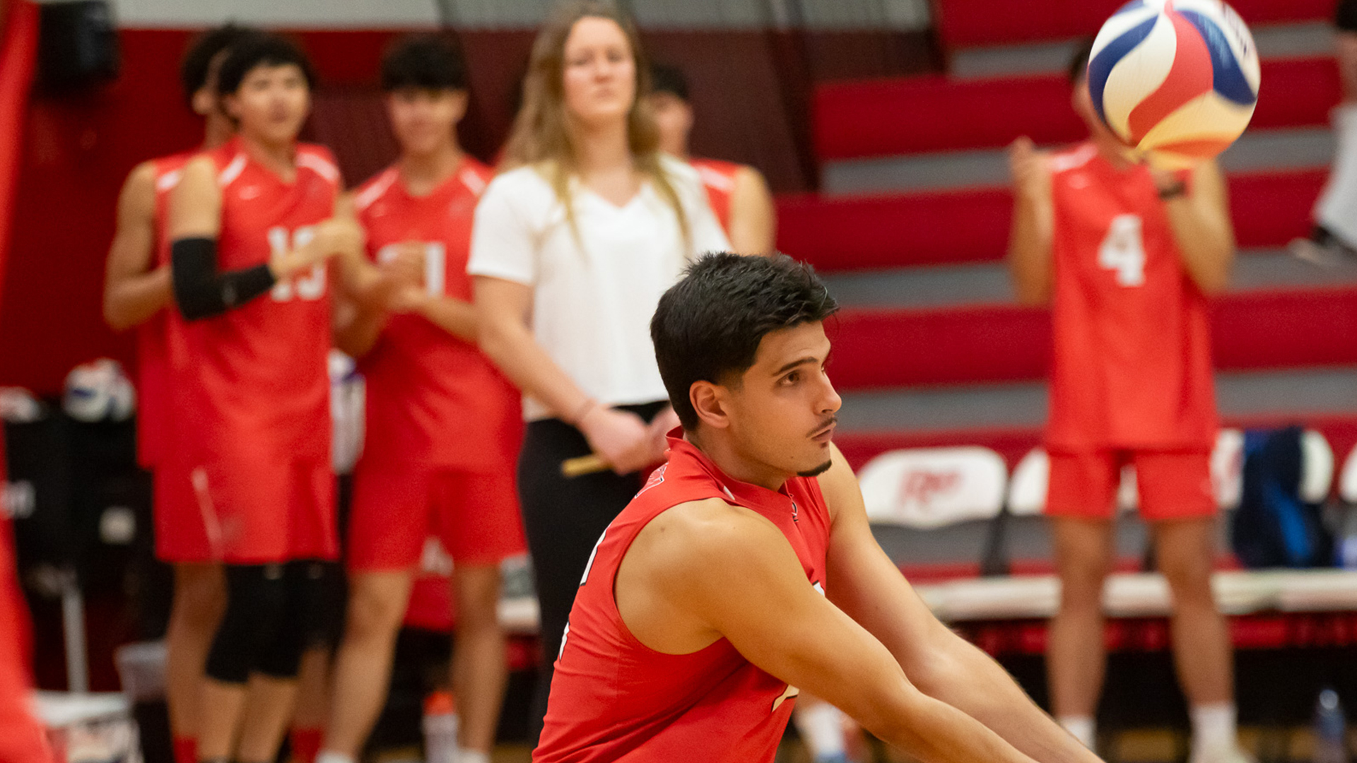 Rio Grande's Otavio Tonoli receives a serve during Tuesday night's 3-0 home loss to Bluefield University at the Newt Oliver Arena.
