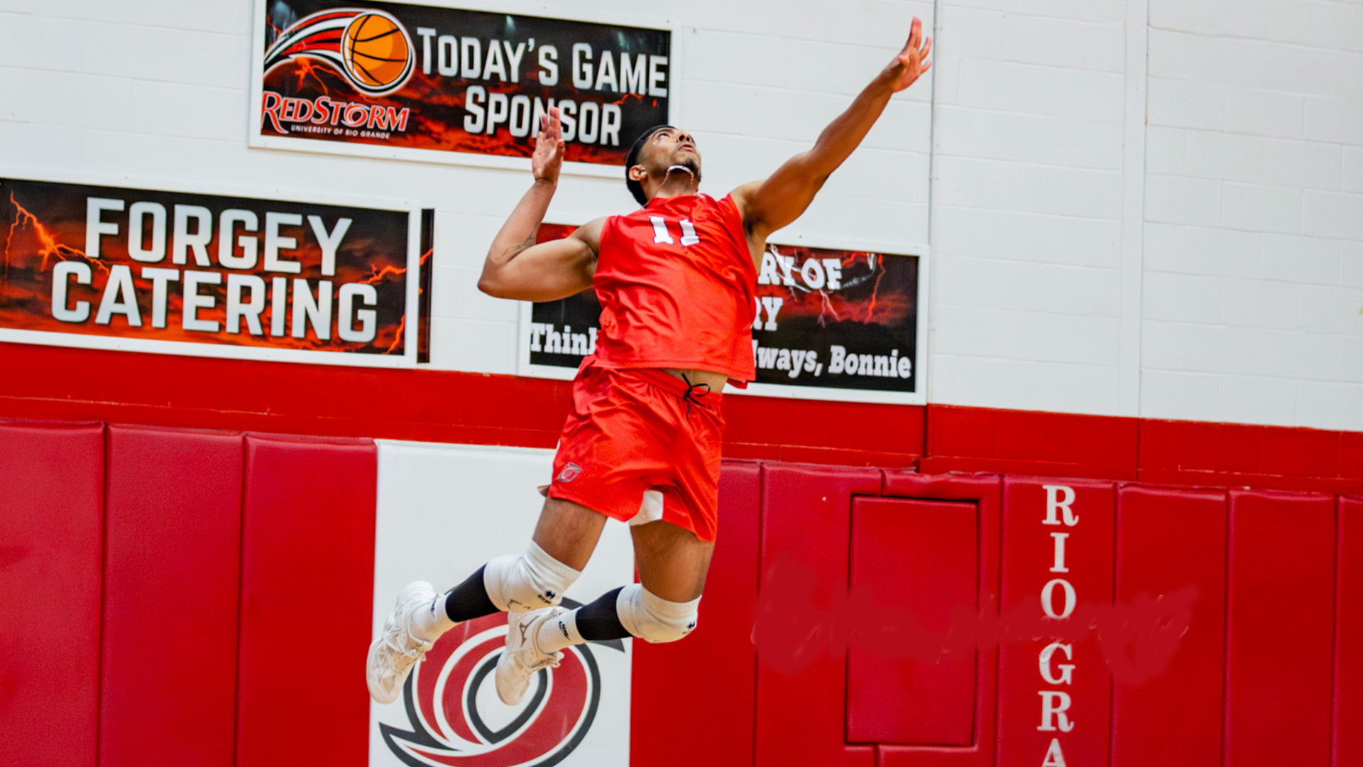 Rio Grande's Daniel Rivas goes airborne for a serve during Saturday afternoon's 3-0 loss to fourth-ranked Campbellsville University at the Newt Oliver Arena.