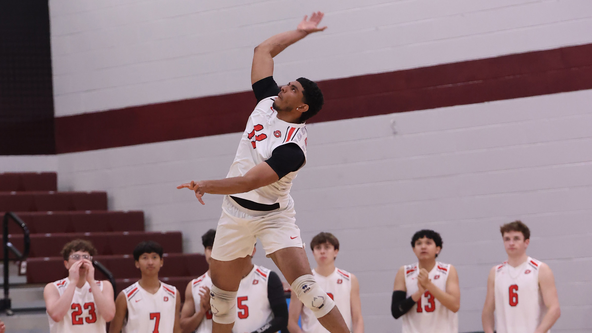 Rio Grande's Daniel Rivas goes airborne for a serve during Saturday's loss at Campbellsville.