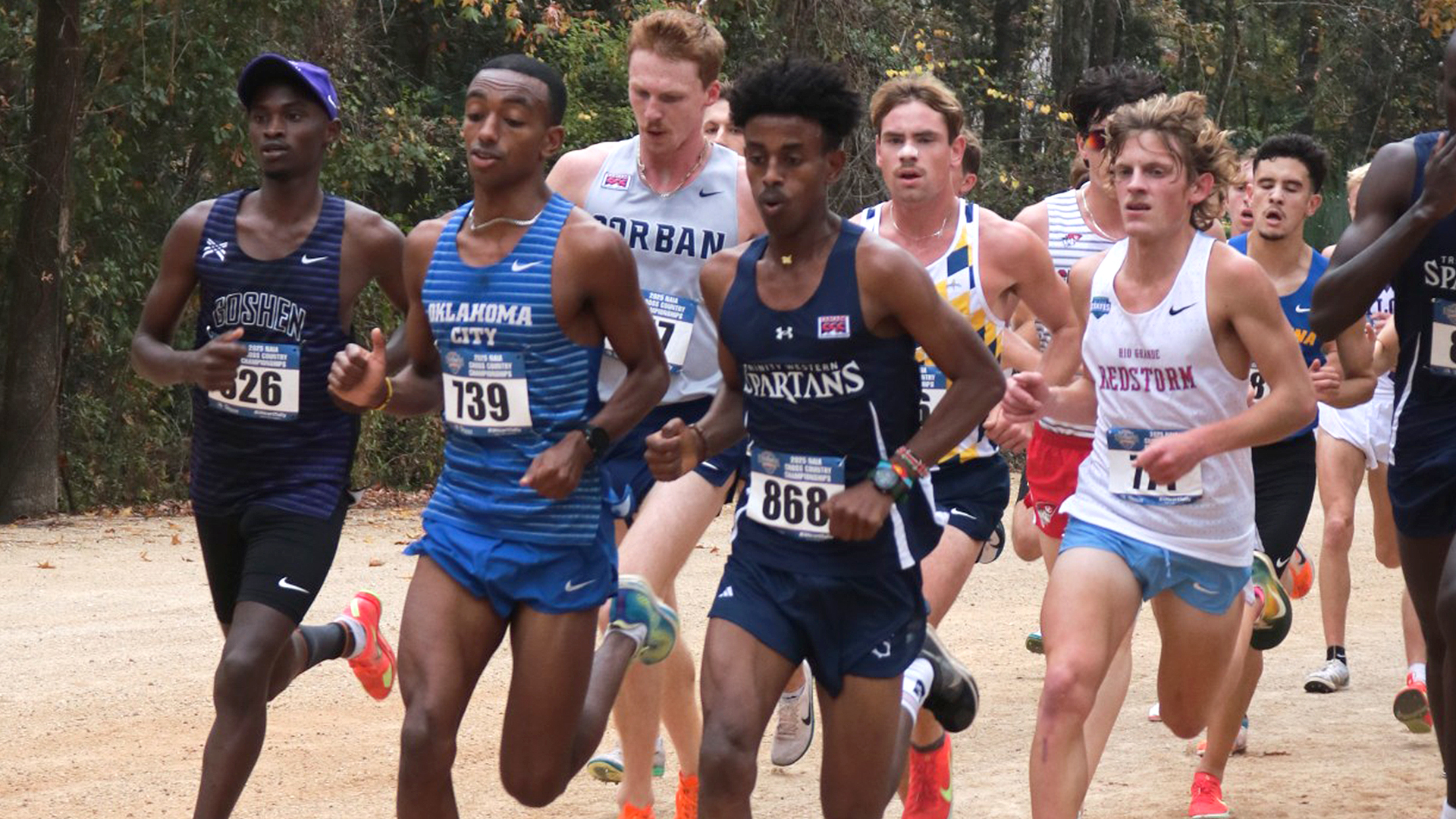 Rio Grande senior Tyler Jenkins (far right) runs with the front of the pack during Friday's NAIA Men's Cross Country National Championship in Tallahassee, Fla. Jenkins earned a third straight All-American honor by finishing seventh and the RedStorm placed 19th as a team.