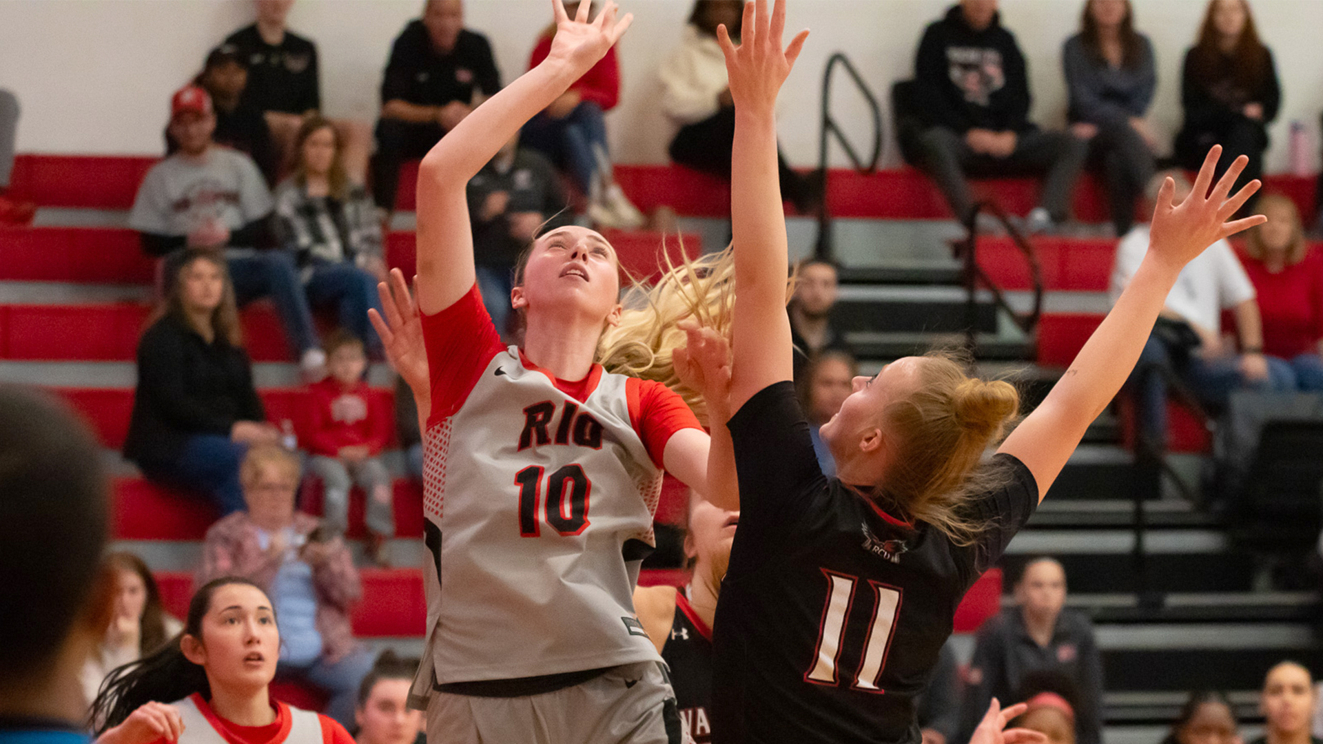 Rio Grande's Sophia Kline goes up for two of her game-high 24 points in Friday night's 80-68 win over Rochester Christian in the first round of the NAIA Women's Basketball National Championship at the Newt Oliver Arena. She also had 12 rebounds and four steals.