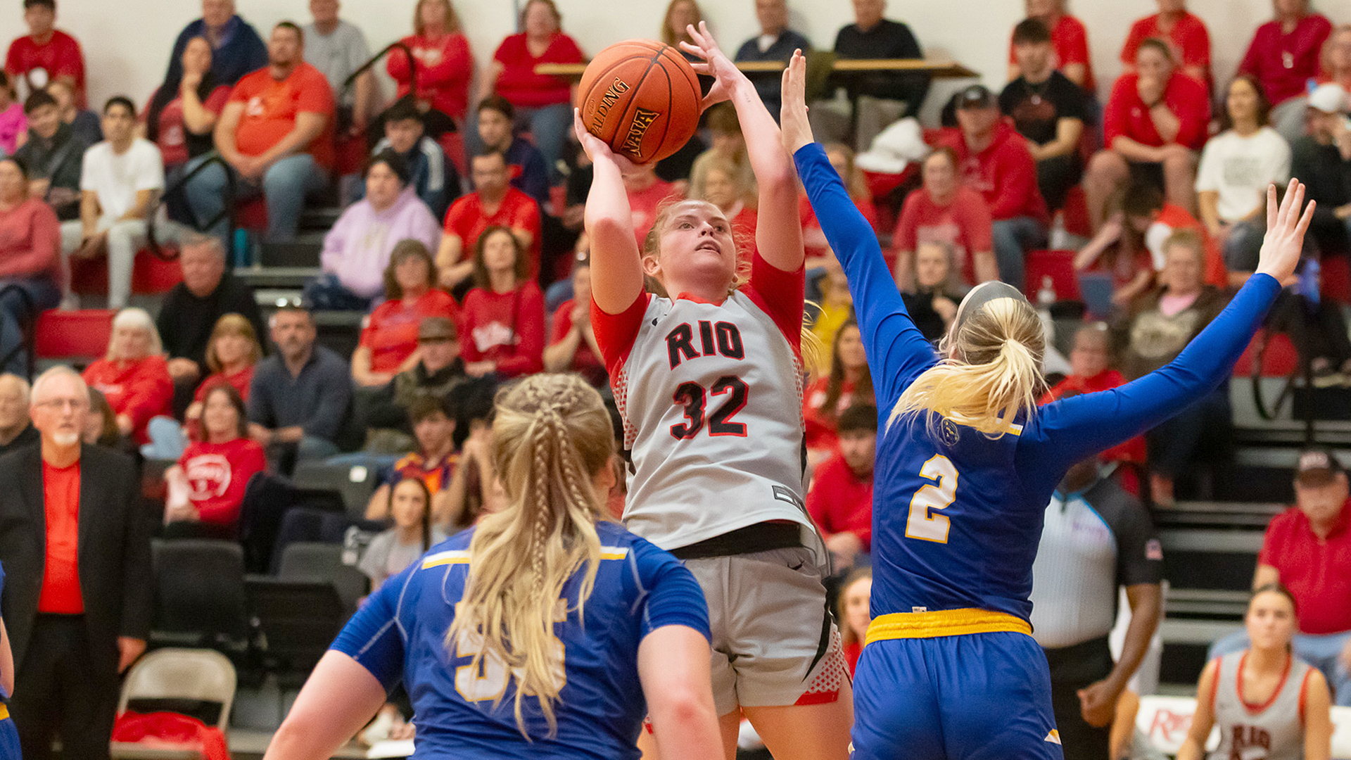 Rio Grande's Marlee Grinstead takes aim for two of her game-high 26 points in Tuesday night's win over Brescia in the River States Conference Women's Basketball Championship at the Newt Oliver Arena.