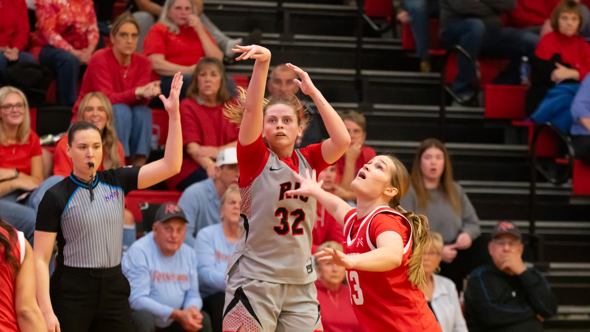 Rio Grande senior Marlee Grinstead shoots for two of her team-high 25 points in Saturday night's 86-80 loss to Indiana Wesleyan University in the second round of the NAIA Women's Basketball National Championship at the Newt Oliver Arena.