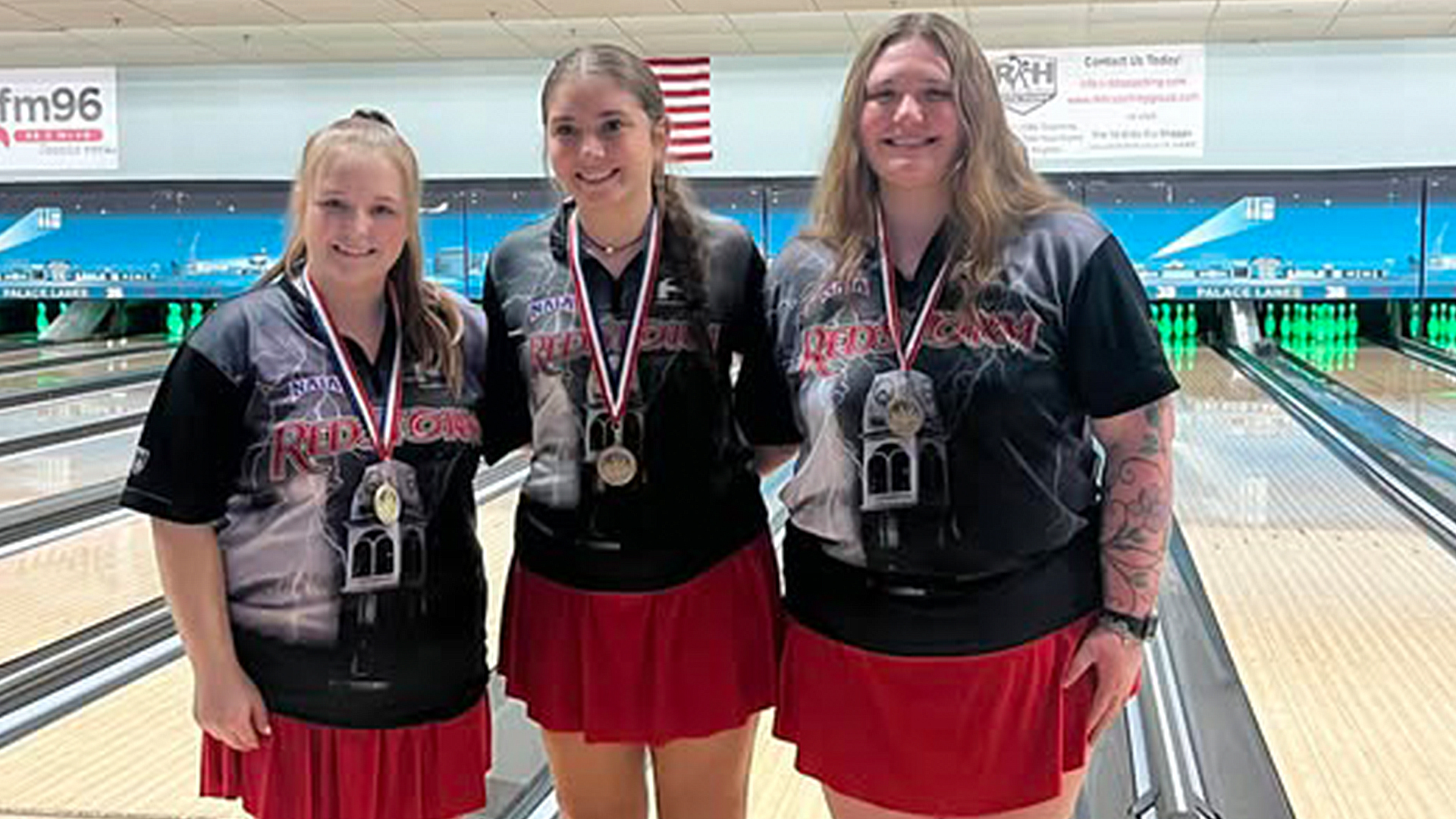 Rio Grande's Jaelyn Hughes (left), Payton Goodman (center) and Lina Fernandez (right) earned All Tournament honors for the RedStorm at the Ohio Bowling Conference Tournament No. 1.