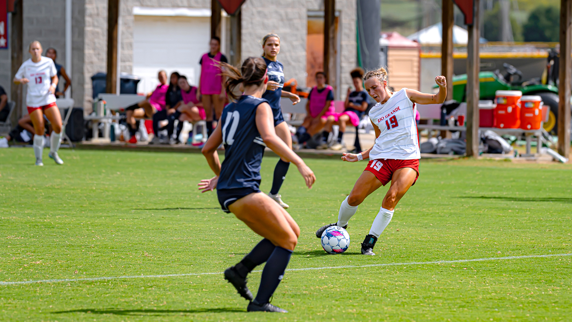 Rio Grande's Neveah Peffers sends the ball upfield during Saturday afternoon's 3-2 win over Bluefield State at Evan E. Davis Field.