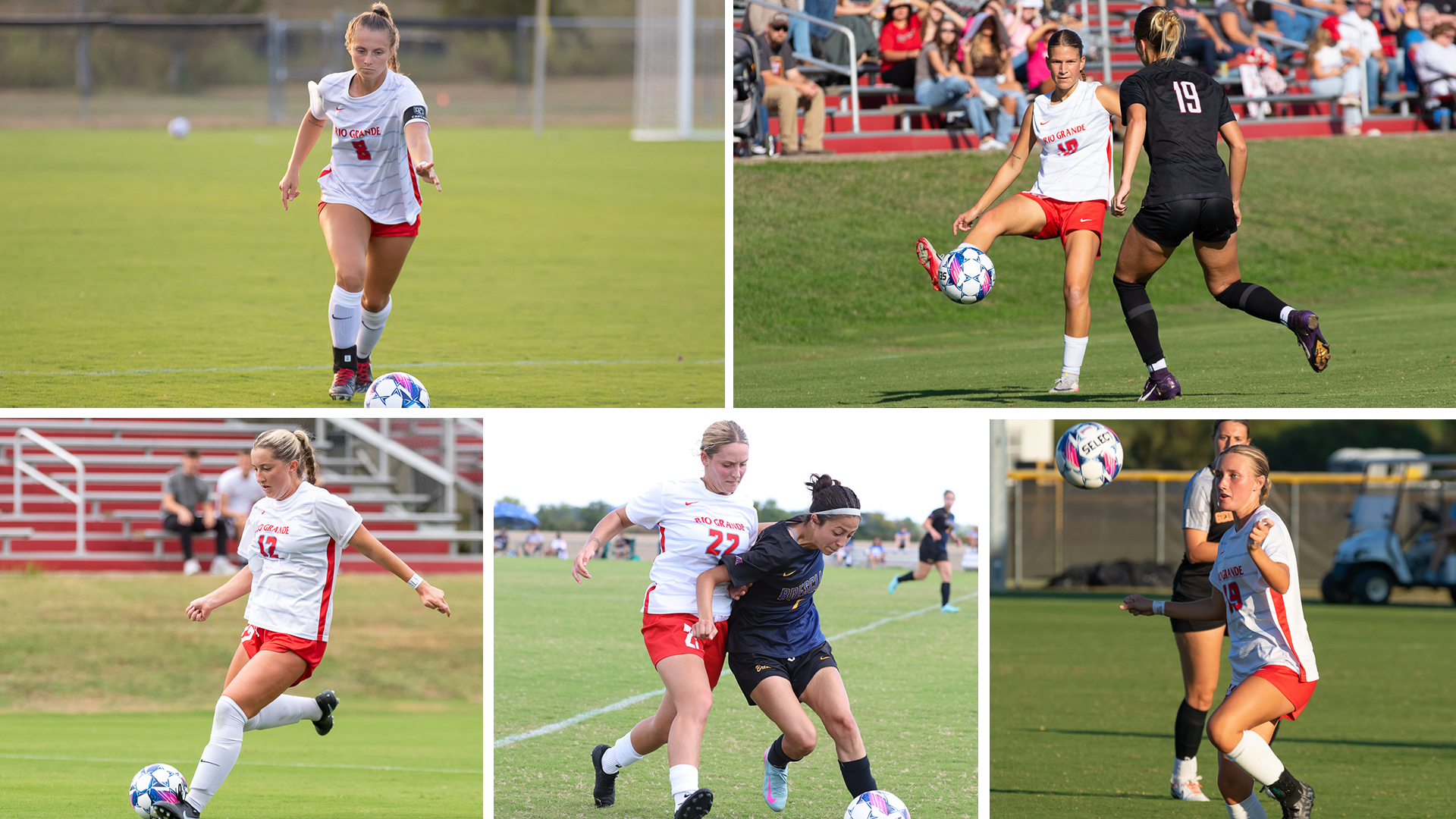 Rio Grande's representatives on the All-RSC Women's Soccer team included, from left to right, (top row) Hannah Halstead and Jitske De Muinjk; (bottom row) Carmen Morris, Sara Estrada Fernandez and Neveah Peffers.