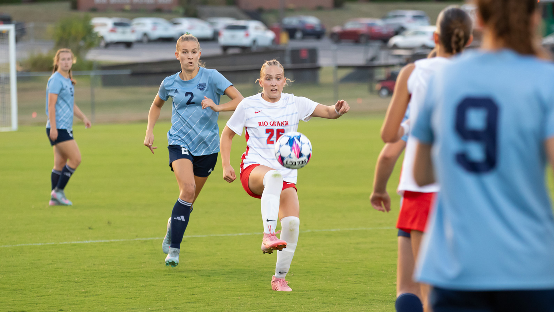 Rio Grande's Stephanie Beaulieu kicks the ball forward during Wednesday night's 0-0 tie with Mount Vernon Nazarene University at Evan E. Davis Field.
