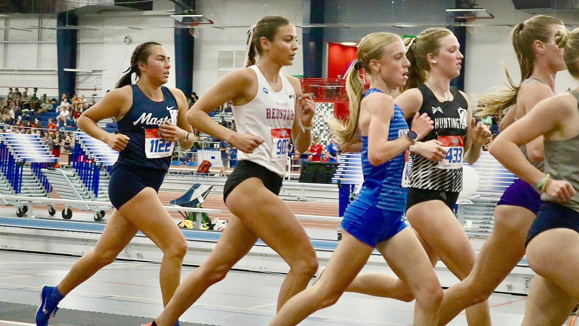 Rio Grande's Amarissa Kerns (white top) earned All-American honors after finishing fourth in the 5,000-meter run during Saturday's action in the NAIA Women's Indoor Track &amp; Field Championships in Gainesville, Fla.
