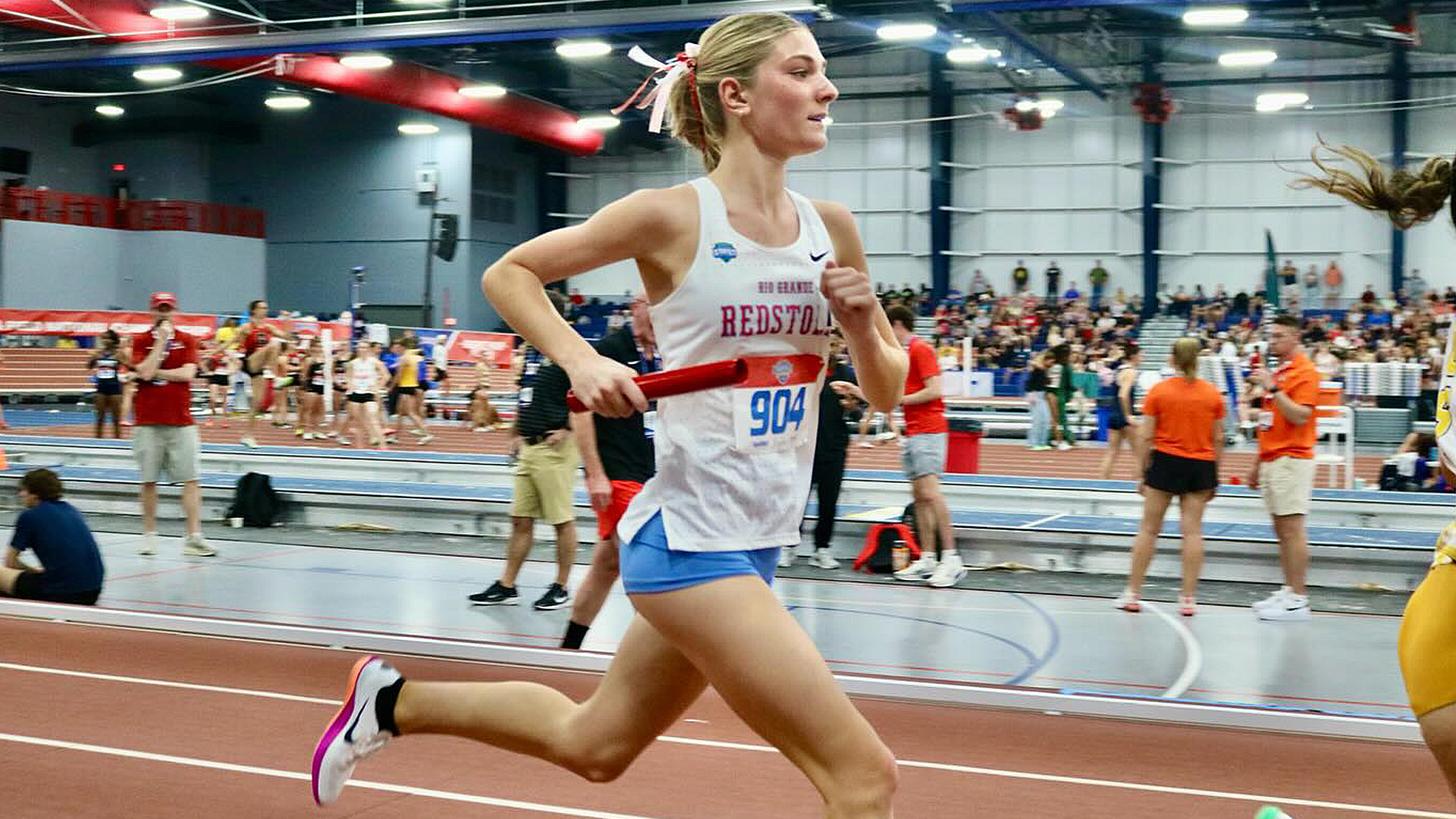 Rio Grande's Marley Kreischer runs for the RedStorm during Thursday's Distance Medley relay at the NAIA Women's Indoor Track & Field Championships in Gainesville, Fla.