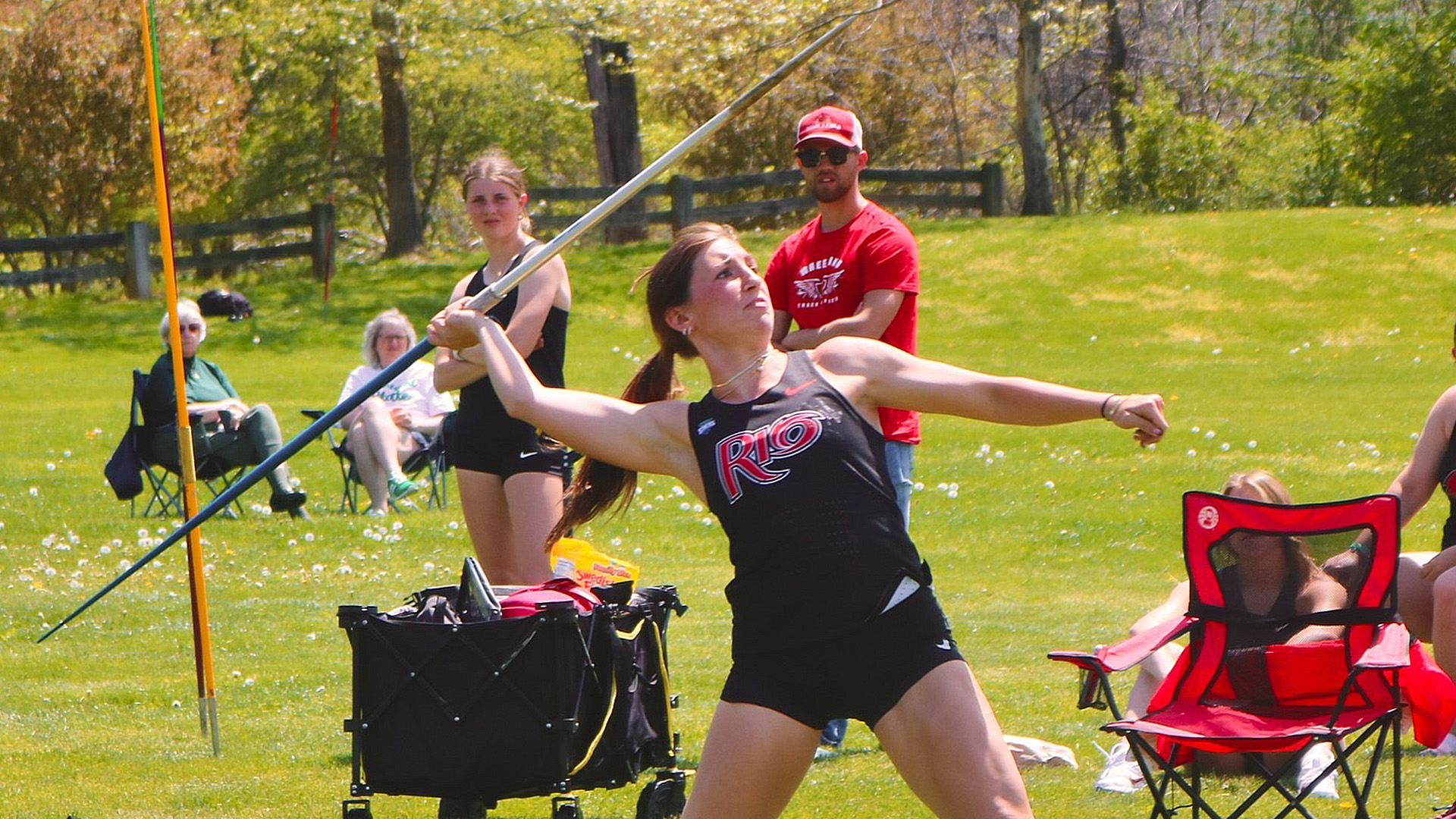 Rio Grande's Kylie Montgomery competes in the javelin throw at Friday's Otterbein Twilight in Westerville, Ohio. She finished second in the event behind teammate Taylor Bartrum, while also recording two more top three outings on the day.