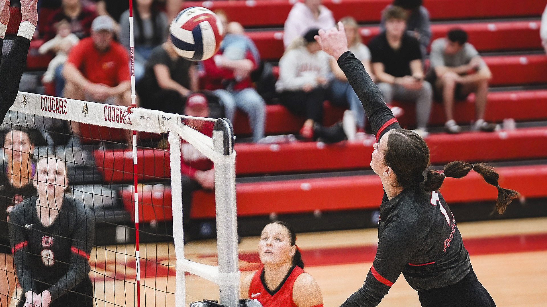 Rio Grande's Nigella Reck sends an attack across the net during Saturday's 3-0 loss to 14th-ranked Indiana University Kokomo in the championship match of the River States Conference Women's Volleyball Championship in Kokomo, Ind.