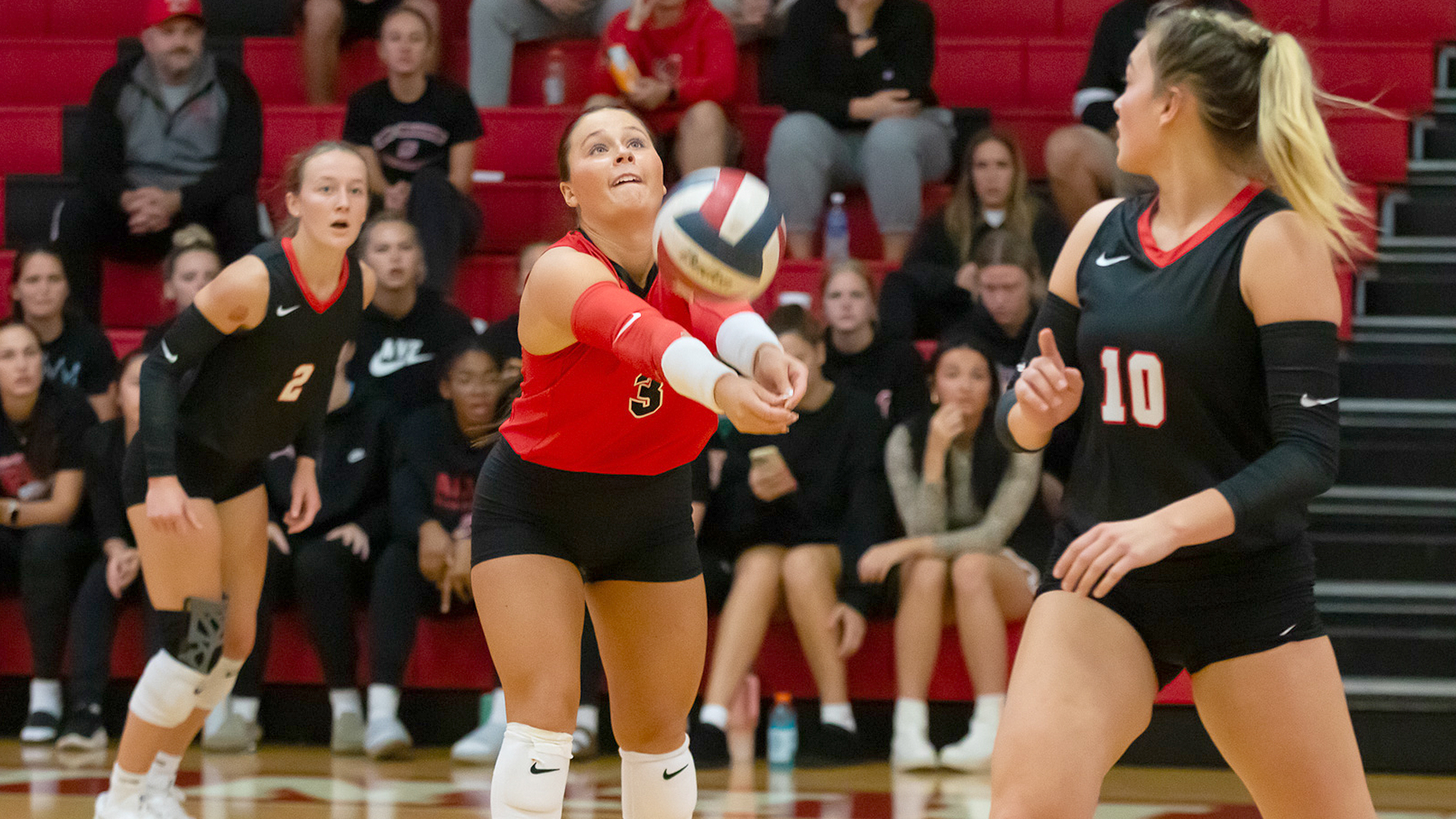 Rio Grande's Jenna Harrison comes up with one of her 18 digs in Thursday night's 3-1 loss at home to 16th-ranked Indiana University Kokomo.