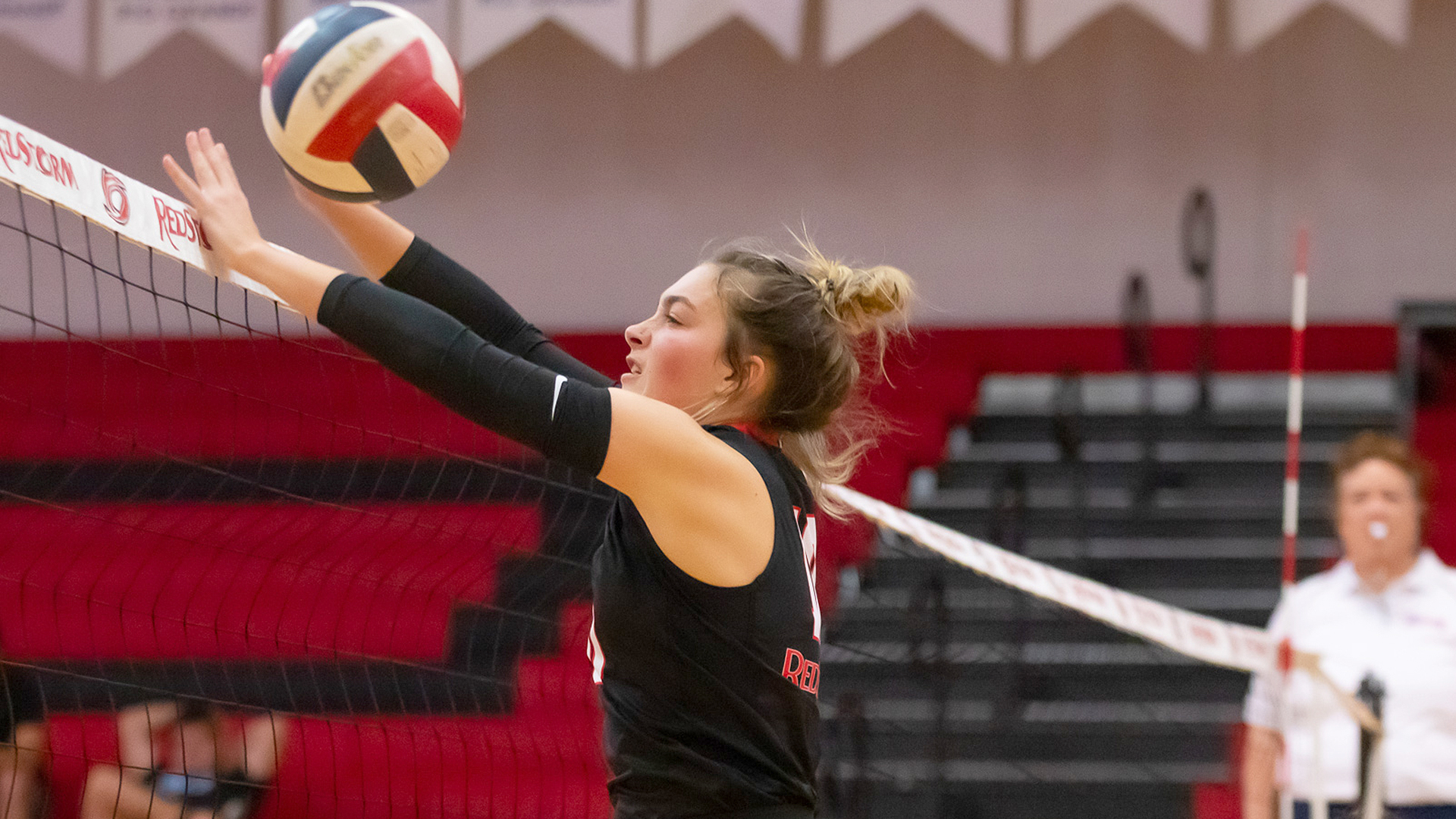 Rio Grande's Olivia Smith goes up for a block attempt during Friday evening's 3-2 win over Oakland City University at the Newt Oliver Arena.