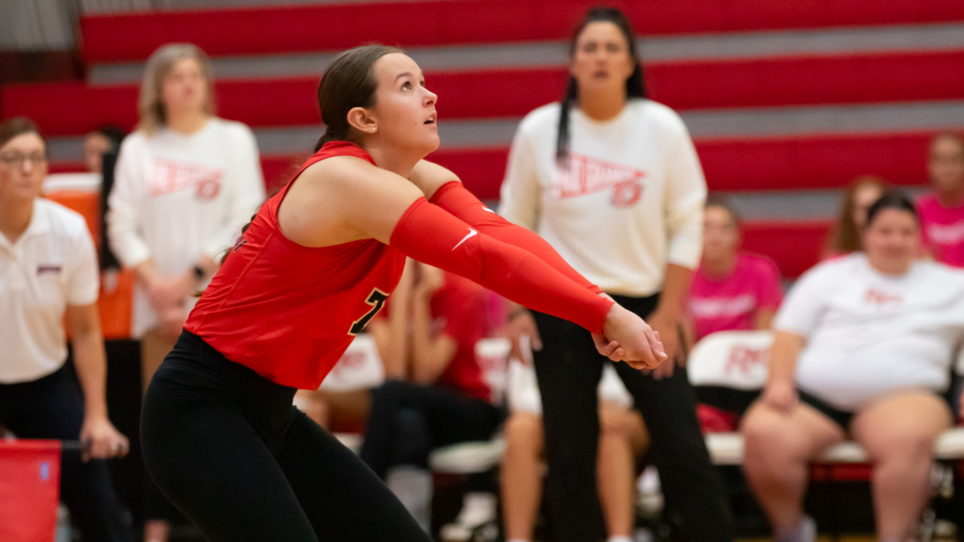 Rio Grande's Nigella Reck readies for a dig during Saturday's straight sets win over Brescia University at the Newt Oliver Arena.