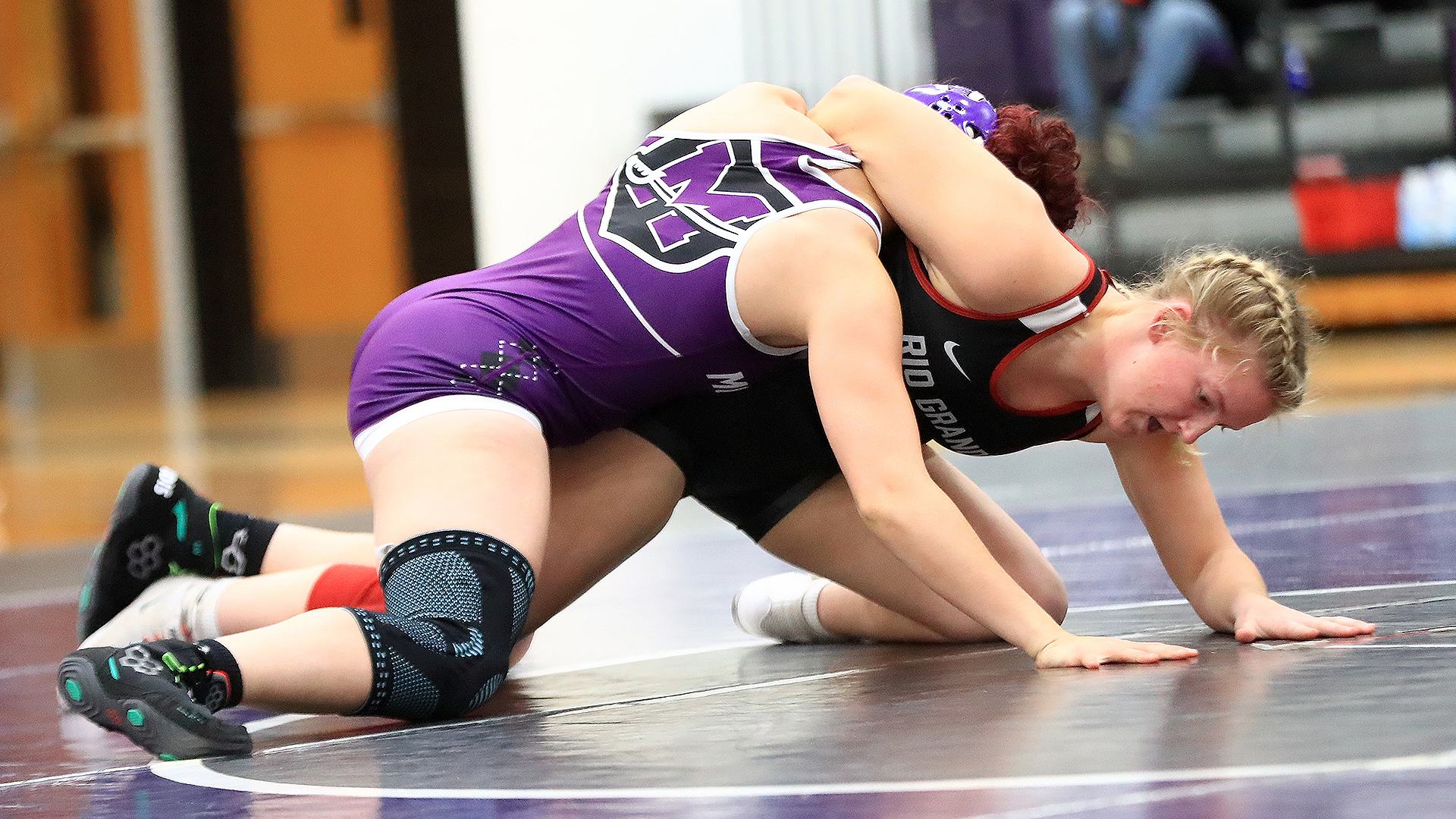 Rio Grande's Paige Russell battles Mount Union's Ebony Harding in their 160-pound match during Friday's dual in Mount Union, Ohio. Russell won the match by fall.
