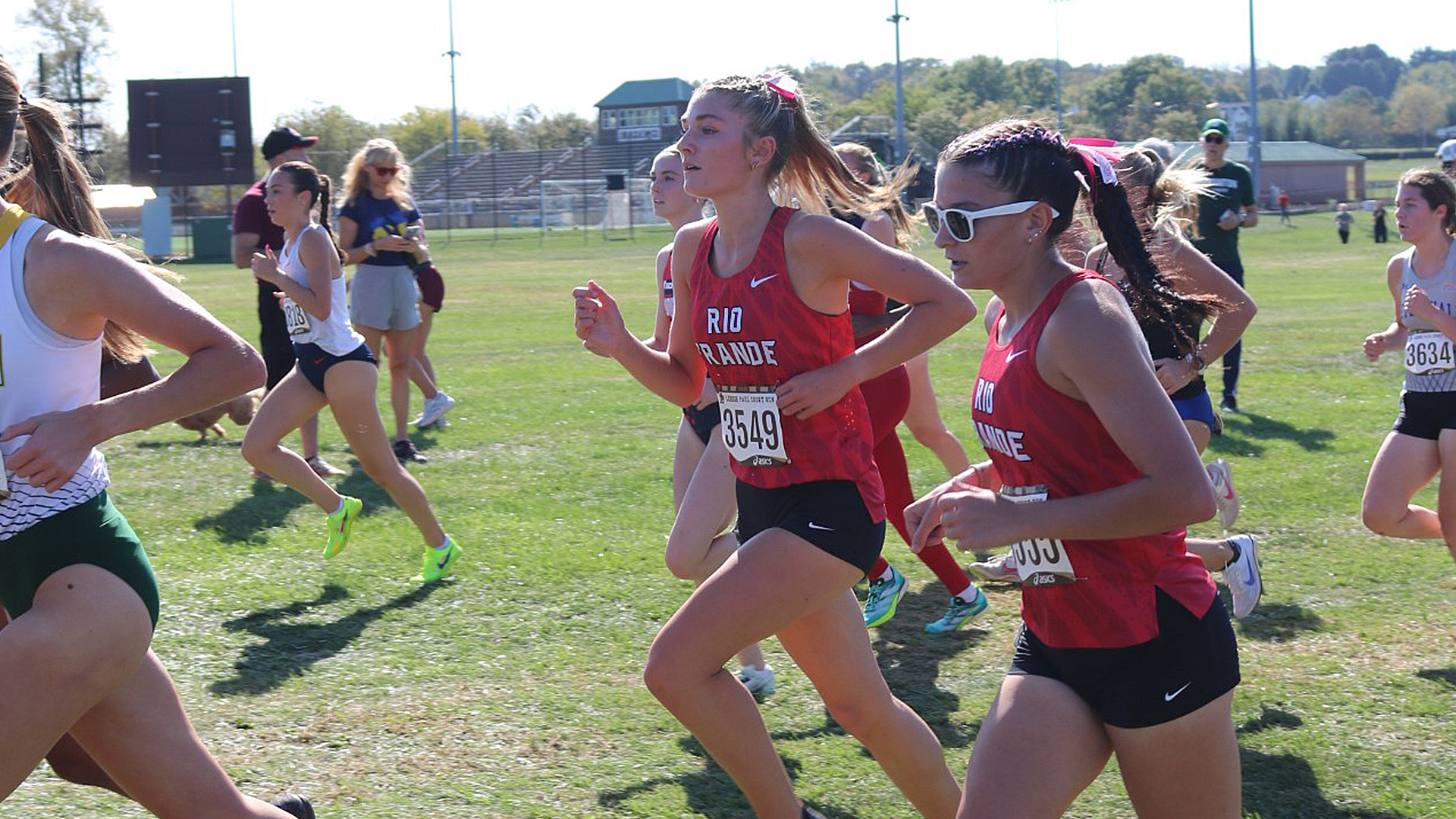 Rio Grande's Marley Kreischer (left) and Brandy Shular (right) run in Friday's Paul Short Run hosted by Lehigh University in Bethlehem, Pa.